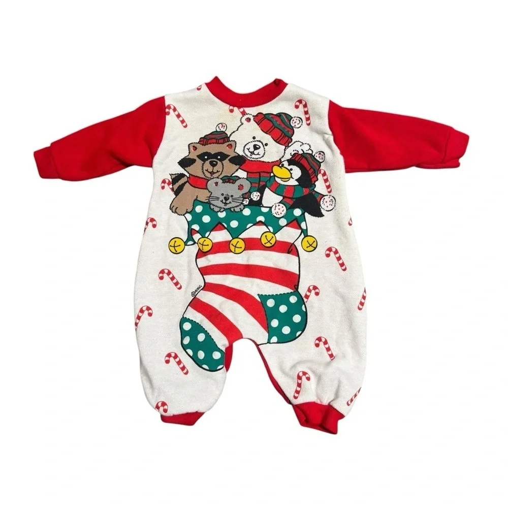 Vintage Santa's Club Critter Stocking Christmas Romper Children's Graphic 3-6 MO